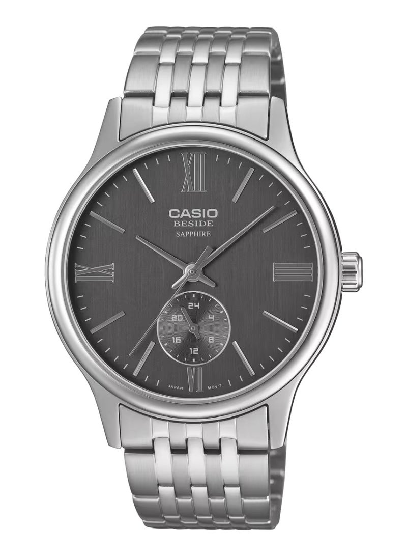 Beside Analog Men's Watch BMS-100D-8AVDF, 47.5mm Grey Dial, Silver Stainless Steel Case & Bracelet, 50 m WR